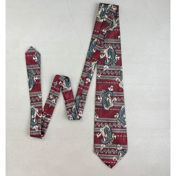 Vintage Paisley Filigree Tie 1980s Embossed Preppy Necktie Burgundy/Blue/Cream - Picture 2 of 3
